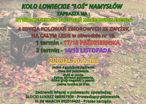IV Edycja polowań zbiorowych ze zwyżek, obwód 15 - 14/15 listopada 2025